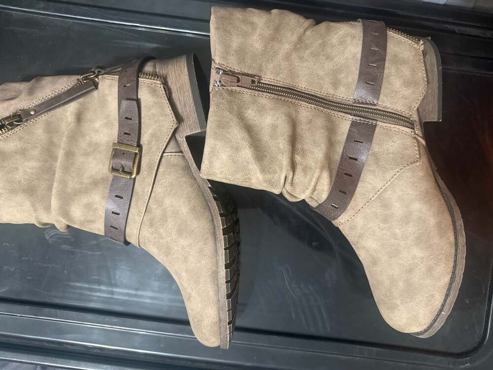 Austin Trading Co. Women's Taupe Slouchy Ankle Boots with Buckle and Side Zip